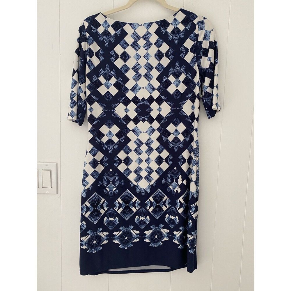 Eliza J Dress Women's 8 Medium Blue White Shift Mini Stretch Half Geometric - Picture 2 of 4